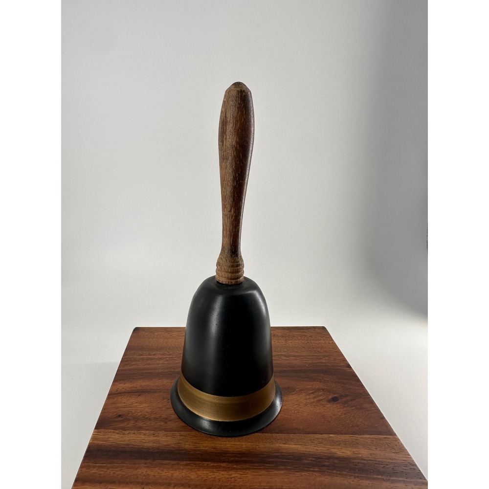 Vintage Handheld Dinner Bell Matte Black Gold Band Wood Handle 9.5 Inch